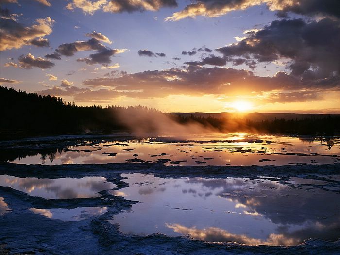 Sunset at the Great Fountain Geyser Yellowstone National Park Wyoming