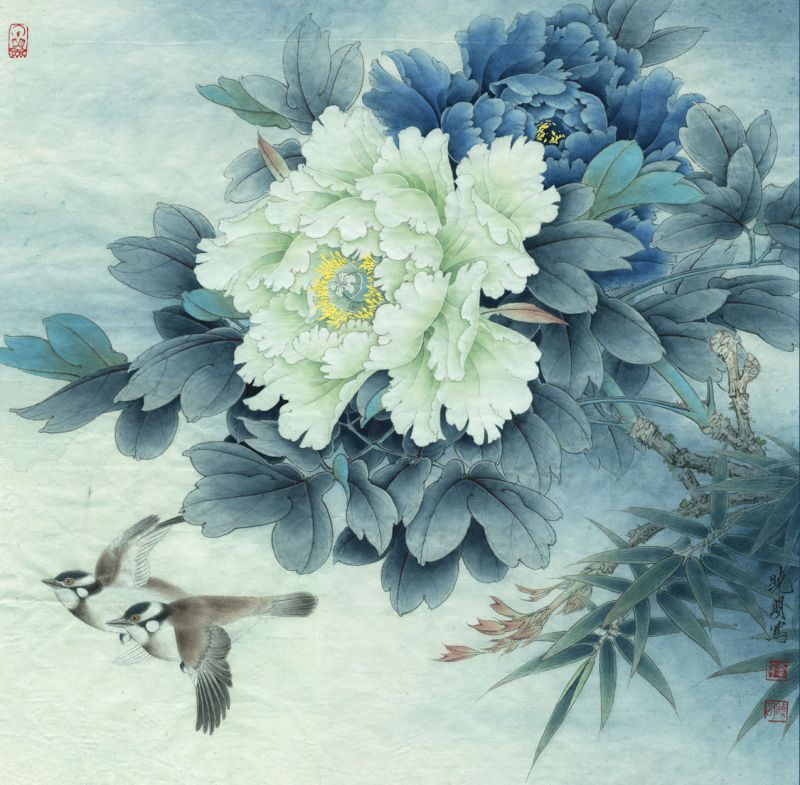 ภาพวาดพู่กันจีน ดอกบัวและดอกโบตั๋น