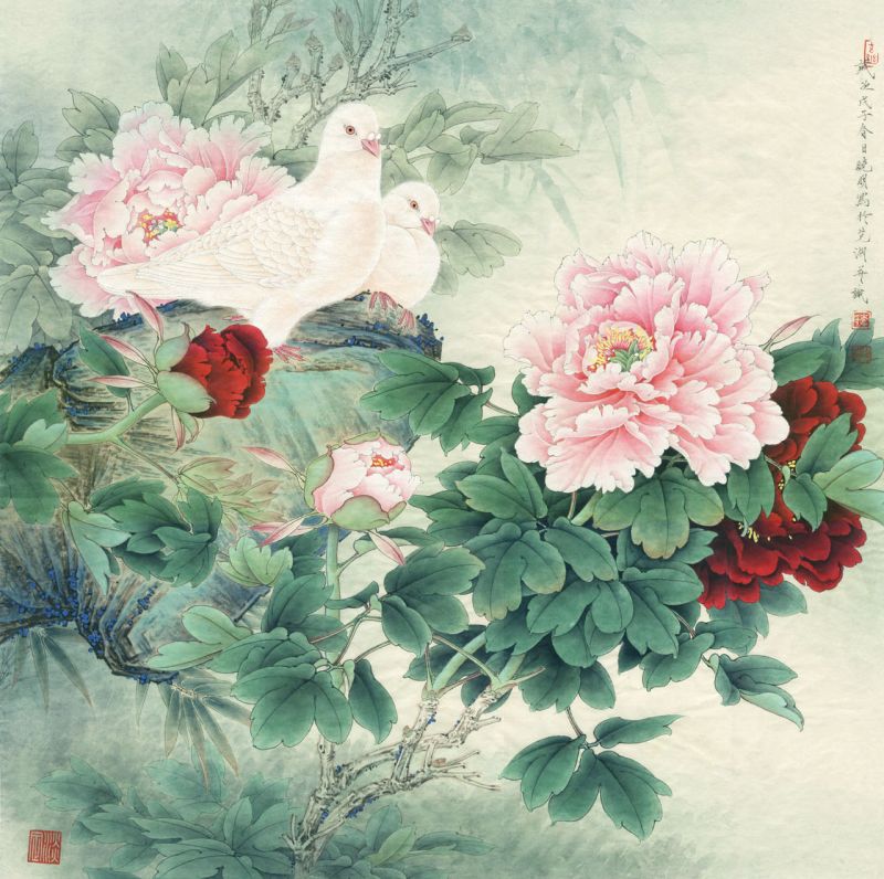 ภาพวาดพู่กันจีน ดอกบัวและดอกโบตั๋น