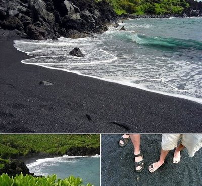 หาดทรายสีดำ.. Volcanic black sand of Punalu ที่ Hawaii 