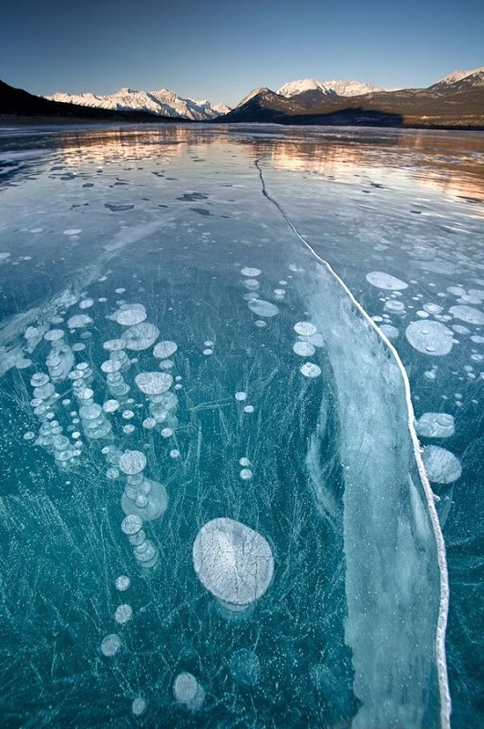 ฟองอากาศเป็นน้ำเเข็ง ปรากฏการณ์พึลึก บนผิวทะเลสาบ ที่เเคนาดา 