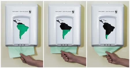 This World Wildlife Foundation paper towel dispenser gives a graphic reminder of the effect paper use has on the environment. 