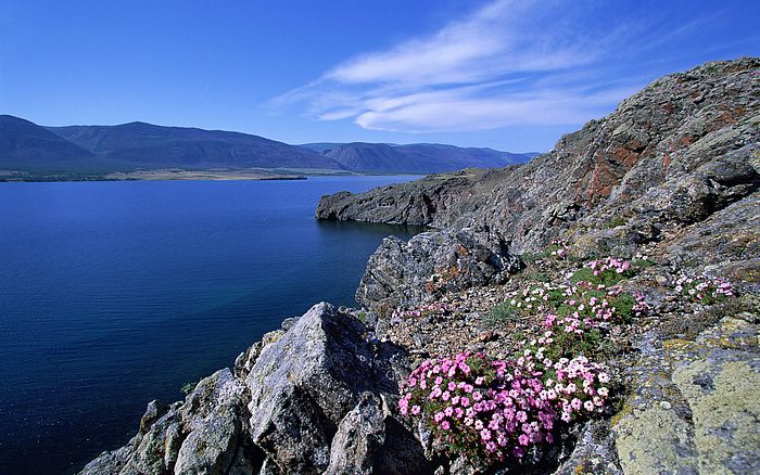 Russia, Rocky shoreline, Barakchin Island, Lake Baikal