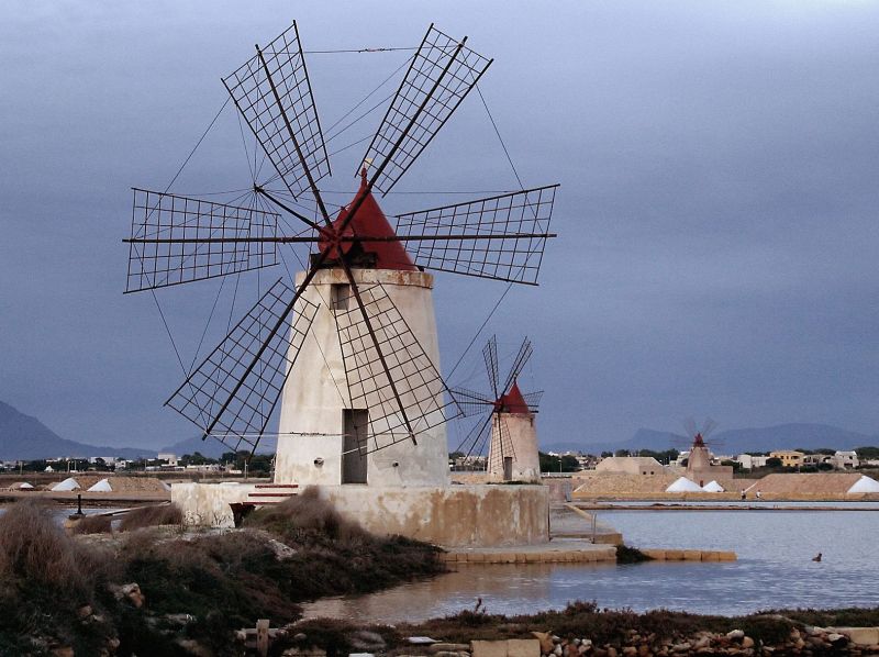 Windmills at Infersa Salt Pans Marsala Sicily
