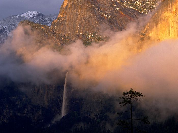 Cloud Shrouded Bridalveil Falls From Discovery View Yosemite National Park California