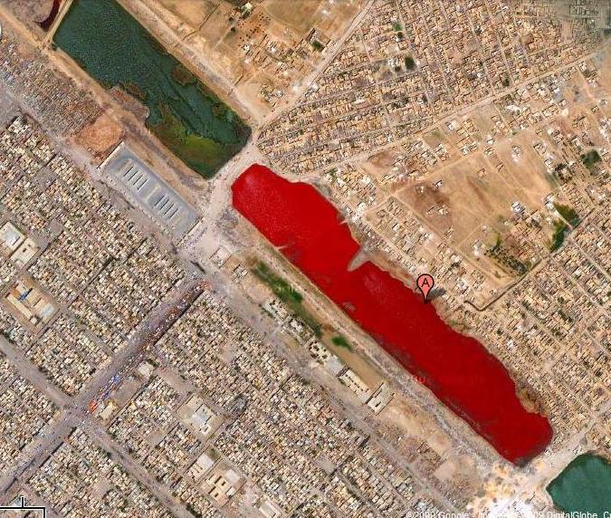 8.ทะเลสาบเลือดในอิรัก คาดกันว่าน่าจะเกิดจากมลพิษหรือกระบวนการบำบัดน้ำเสียอย่างหนึ่ง 