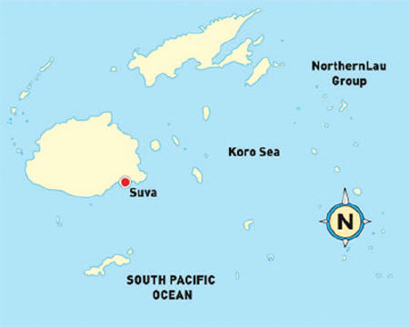 แผนที่ประเทศฟิจิ ในมหาสมุทรแปซิฟิก ที่ตั้งของโพไซดอน รีสอร์ท อยู่บริเวณเกาะนอร์ทเธอร์นลาอู ทางทิศตะวันออกของกรุงซูวา   